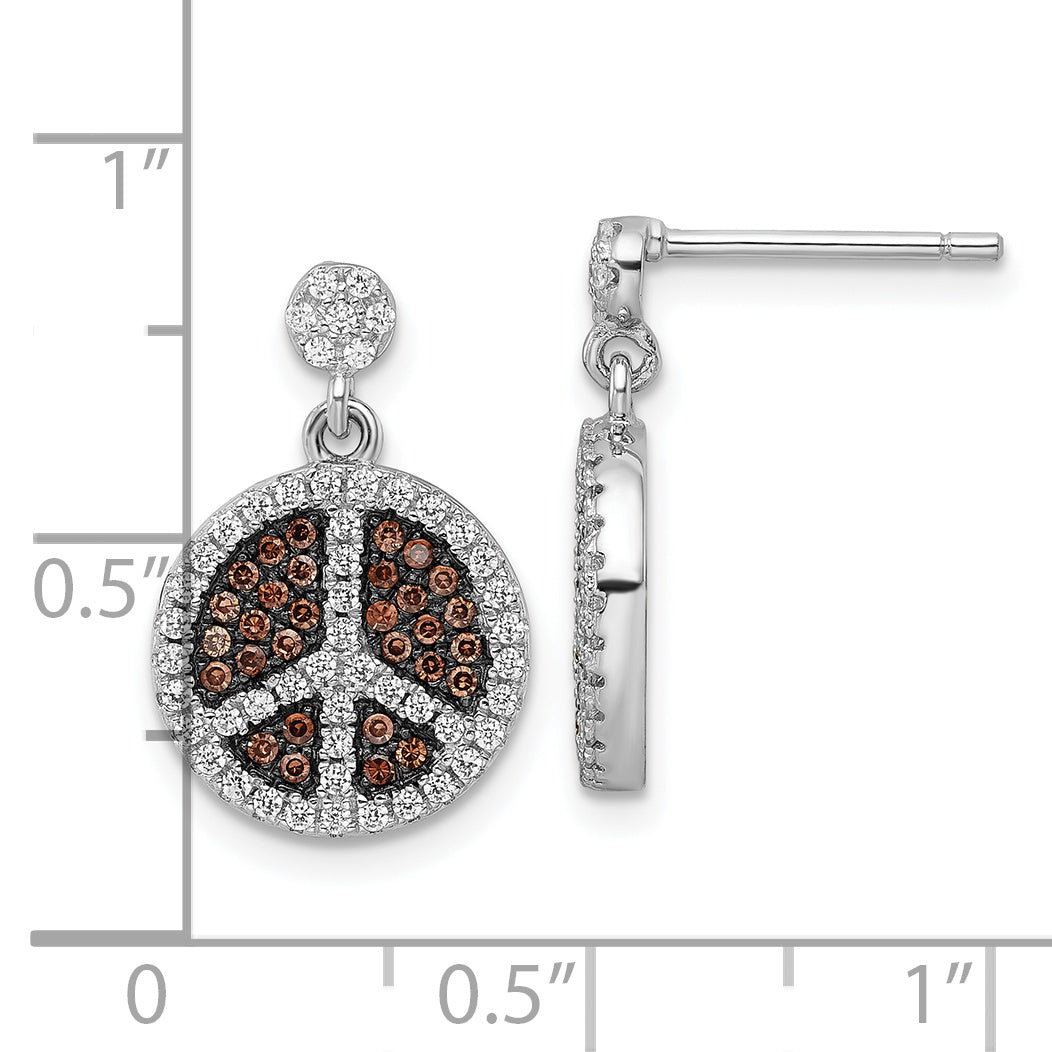 Sterling Silver Brown & Clear CZ True Fire Peace Sign Dangle Earrings