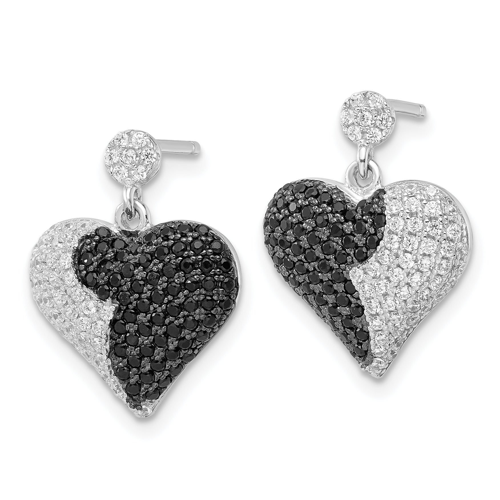 Sterling Silver CZ Heart Earrings with Black Accents, Polished Dangle Secondary image