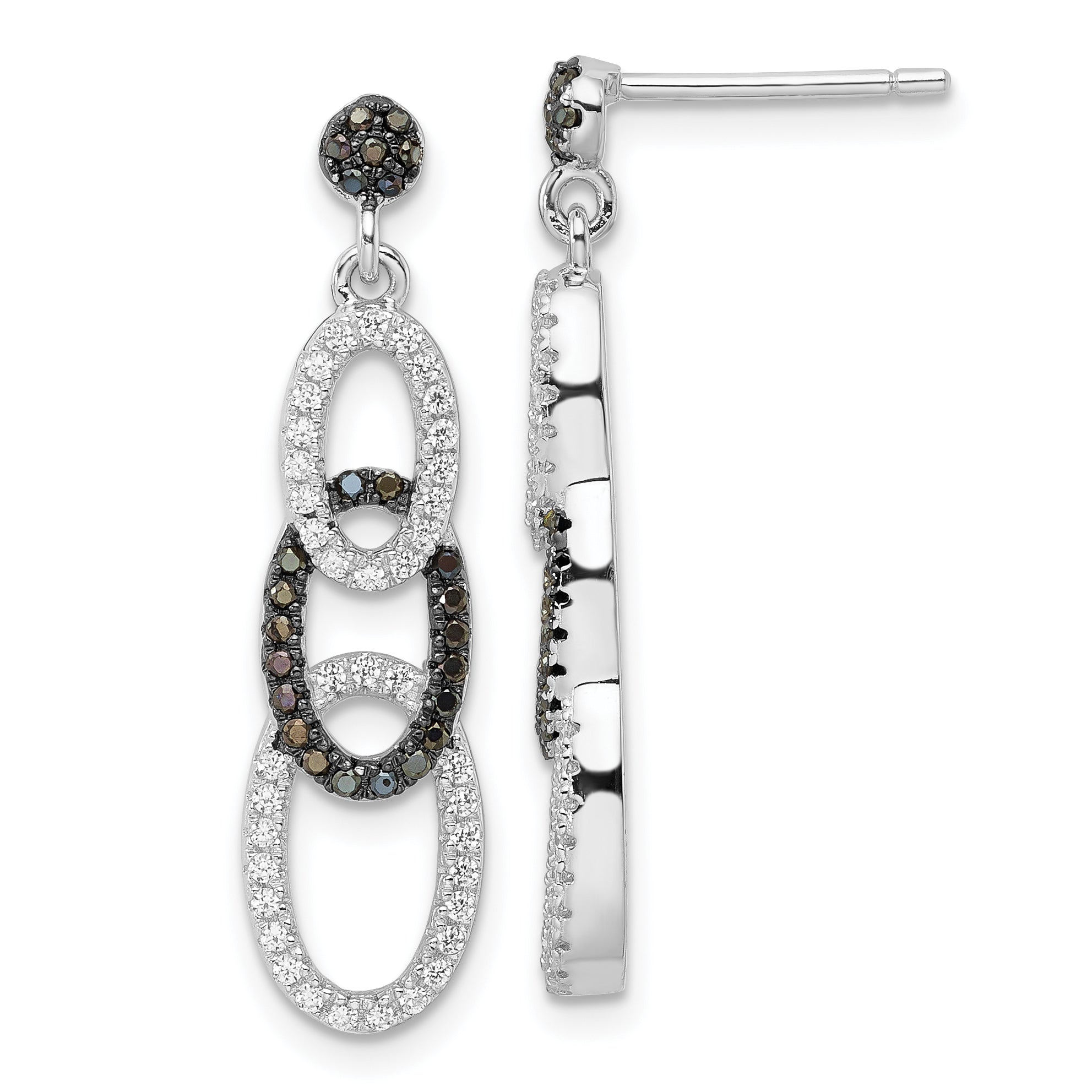 Sterling Silver Black & Clear CZ True Fire Oval Dangle Post Earrings Main image