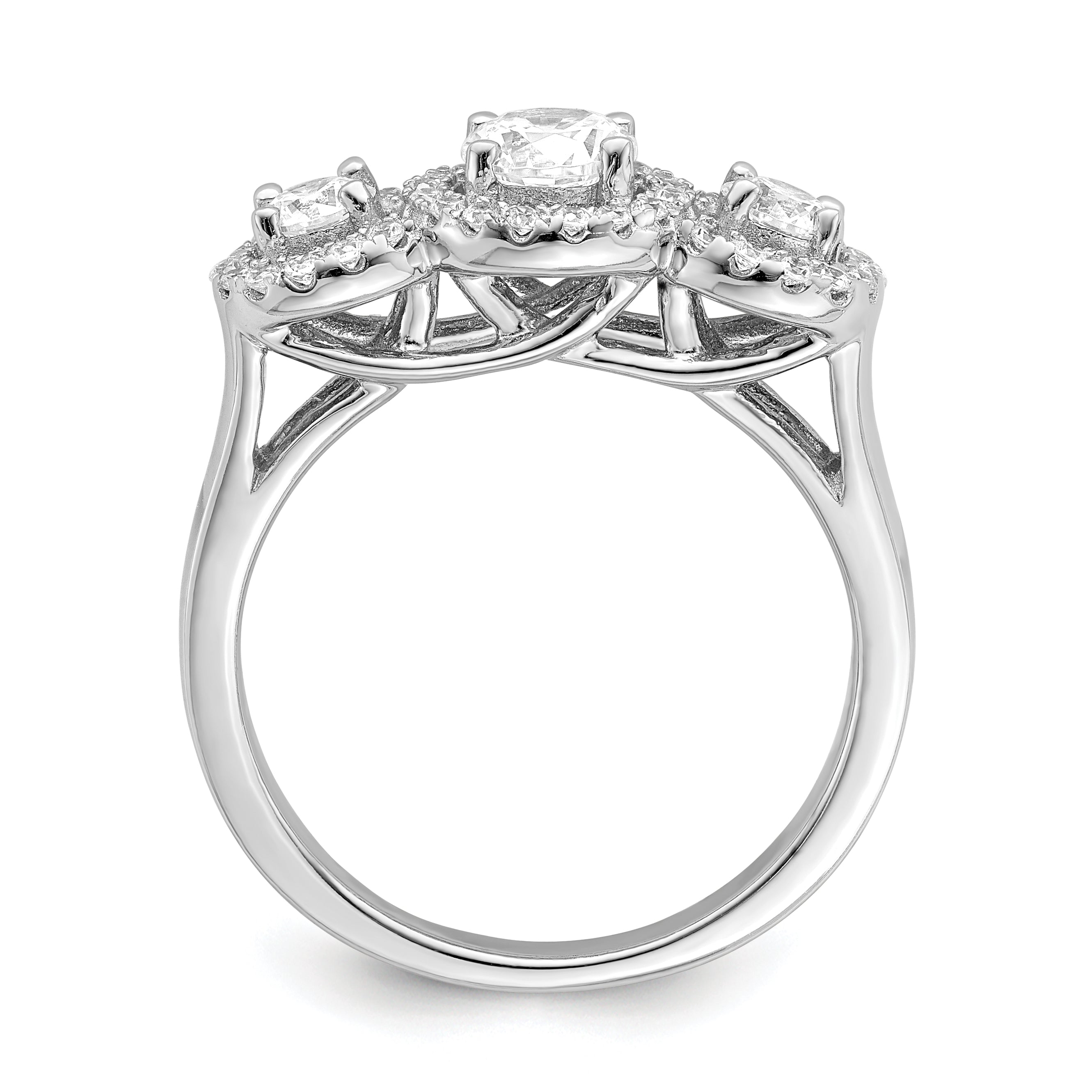 Brilliant Embers Sterling Silver Rhodium-plated 42 Stone Halo Micro PavÃ¢Â€Âš CZ 3 Stone Ring