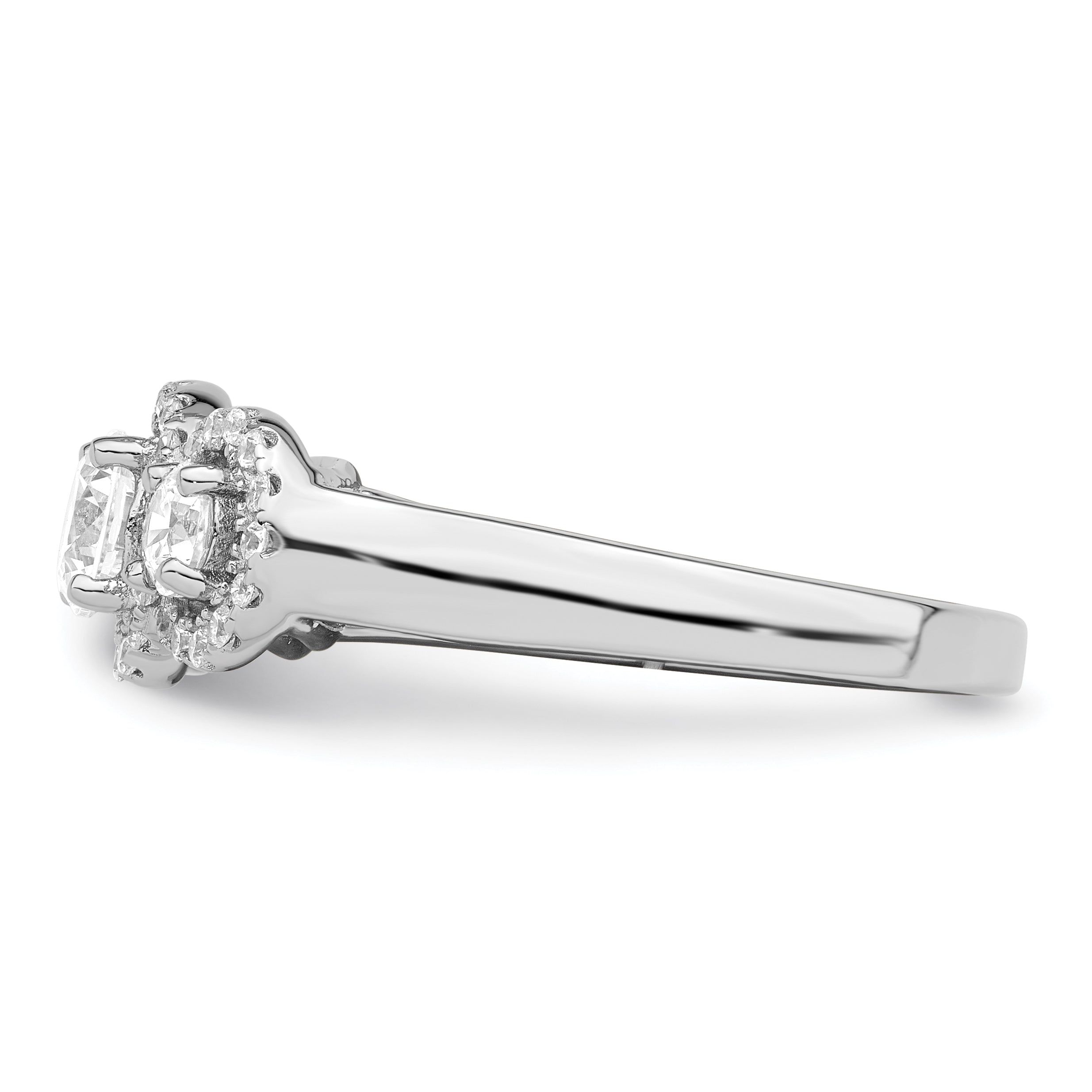 Brilliant Embers Sterling Silver Rhodium-plated 42 Stone Halo Micro PavÃ¢Â€Âš CZ 3 Stone Ring