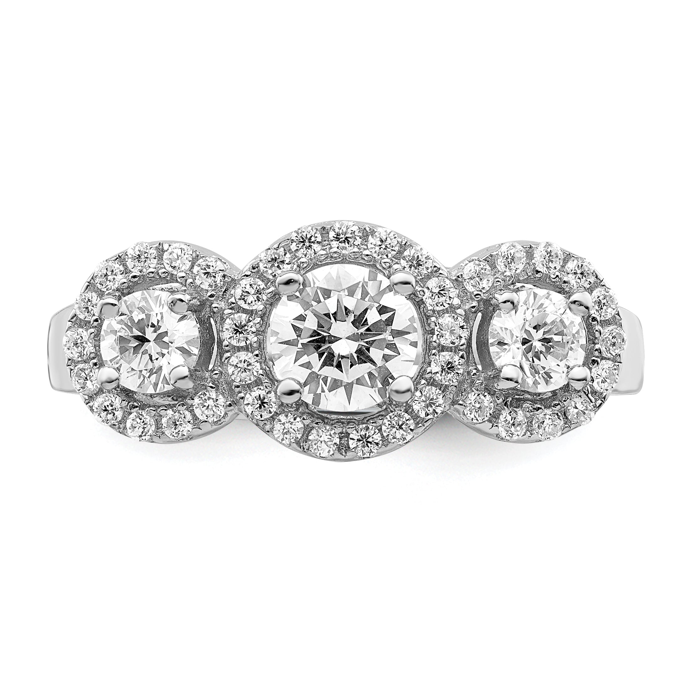 Brilliant Embers Sterling Silver Rhodium-plated 42 Stone Halo Micro PavÃ¢Â€Âš CZ 3 Stone Ring
