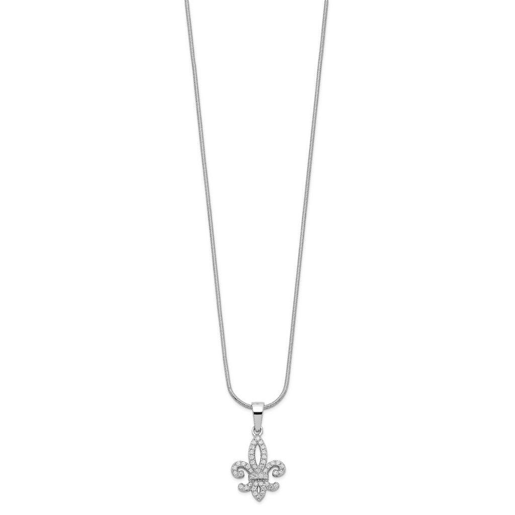 Brilliant Embers Sterling Silver Rhodium-plated 45 Stone 18 inch Micro PavÃƒÆ’Ã†â€™Ãƒâ€šÃ‚Â¢ÃƒÆ’Ã‚Â¢Ãƒâ€šÃ¢â‚¬Å¡Ãƒâ€šÃ‚Â¬ÃƒÆ’Ã¢â‚¬Â¦Ãƒâ€šÃ‚Â¡ CZ Fleur De Lis Necklace with 2 Inch Extender