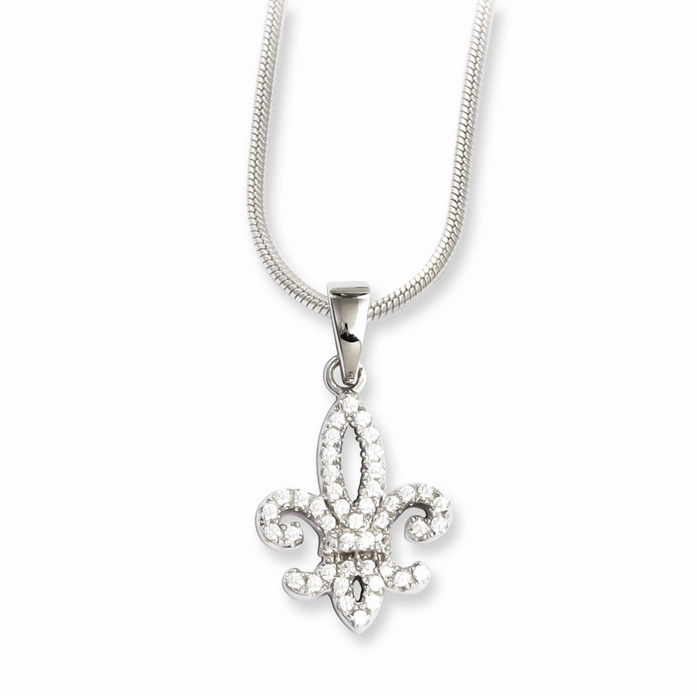 Sterling Silver 925 Fleur De Lis Necklace with Clear CZ - 18
