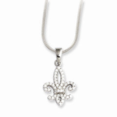 Sterling Silver 925 Fleur De Lis Necklace with Clear CZ - 18