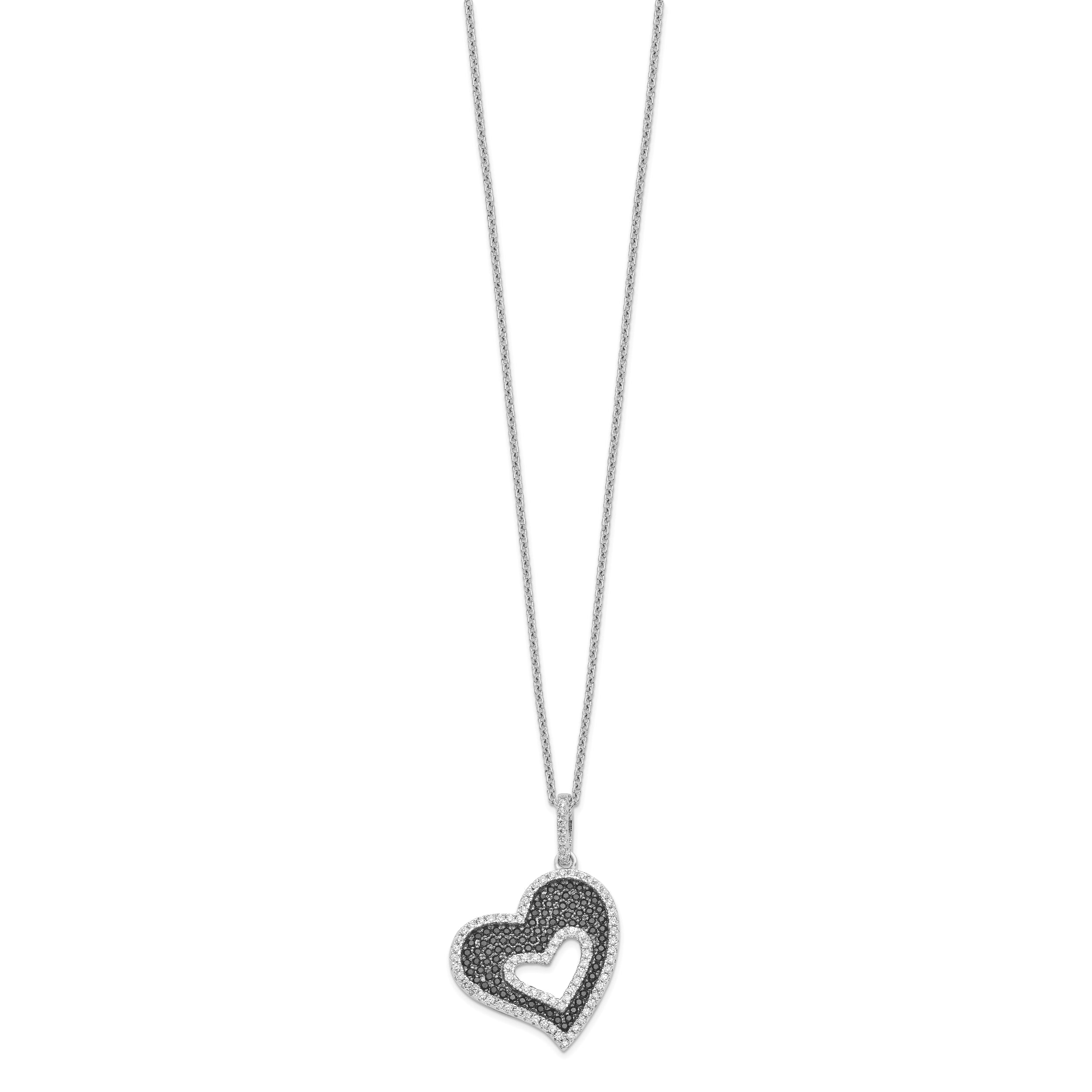 Brilliant Embers Sterling Silver Rhodium-plated 170 Stone 18 inch Micro PavÃƒÂ¢Ã¢Â‚Â¬Ã…Â¡ Black and White CZ Heart Necklace with 2 Inch Extender