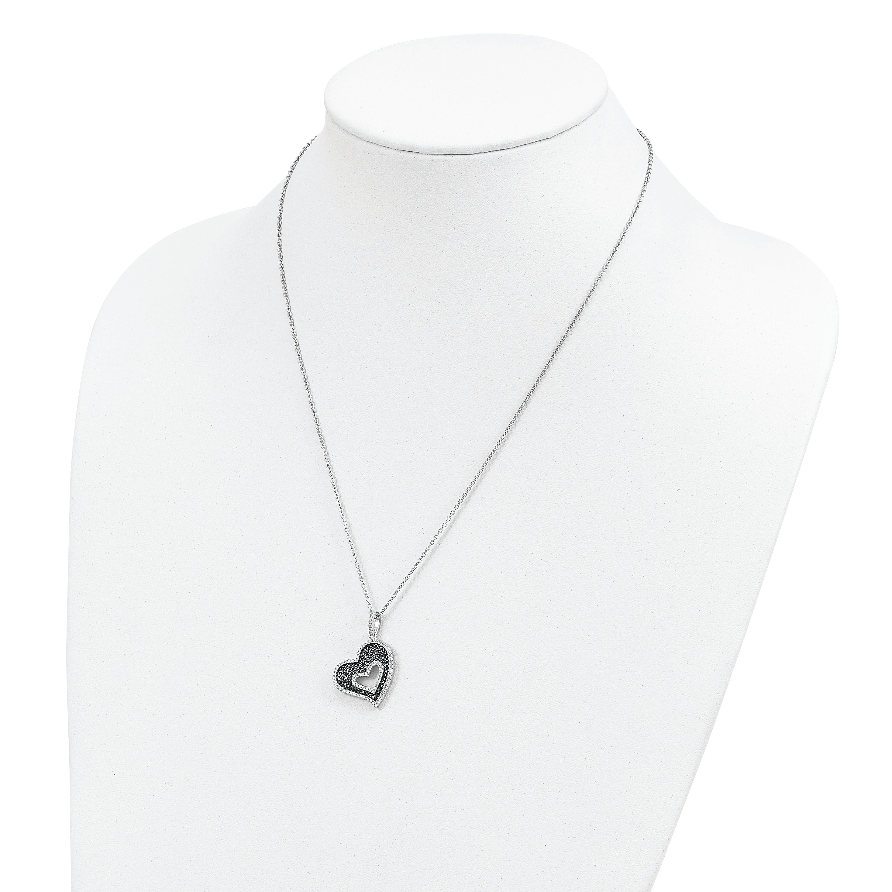 Brilliant Embers Sterling Silver Rhodium-plated 170 Stone 18 inch Micro PavÃƒÂ¢Ã¢Â‚Â¬Ã…Â¡ Black and White CZ Heart Necklace with 2 Inch Extender