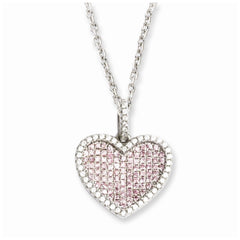 Sterling Silver 925 Heart Necklace with Pink & Clear CZ Accents - 18
