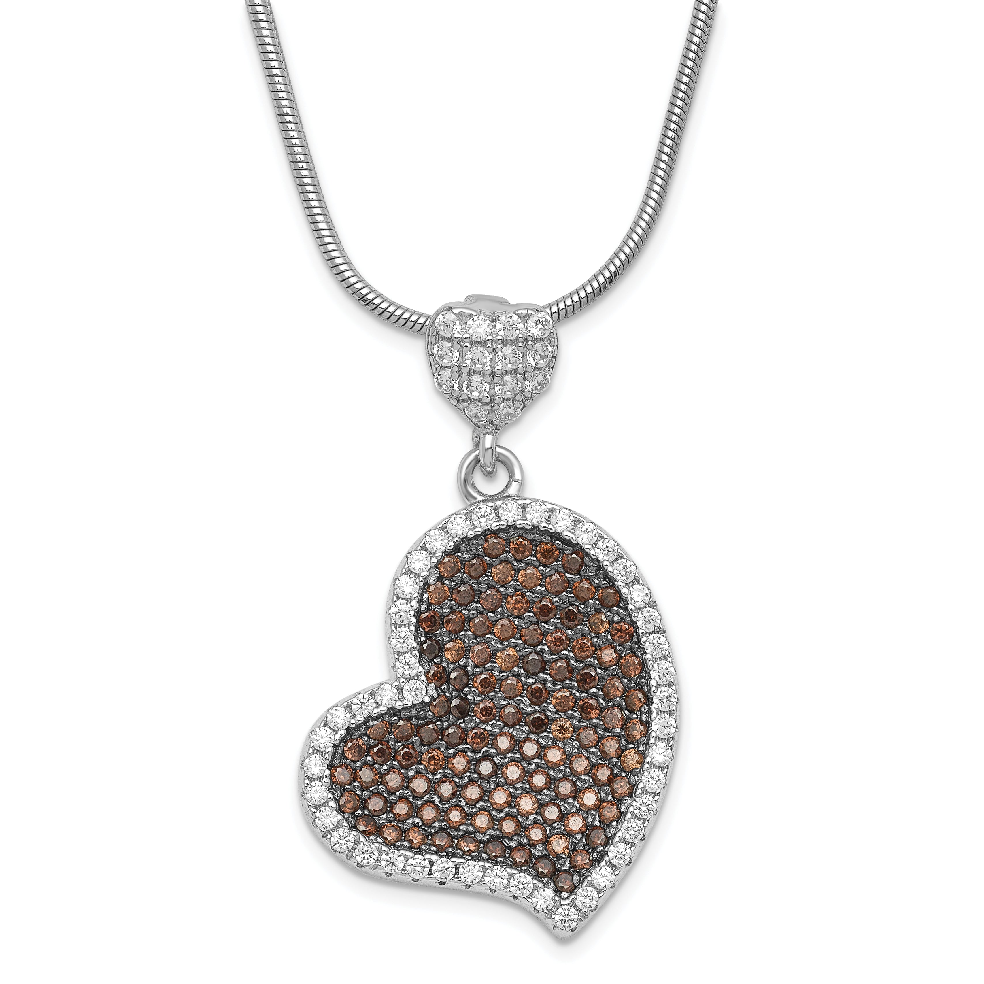 Sterling Silver Brown & Clear CZ True Fire Heart w/ 2in ext Necklace Main image