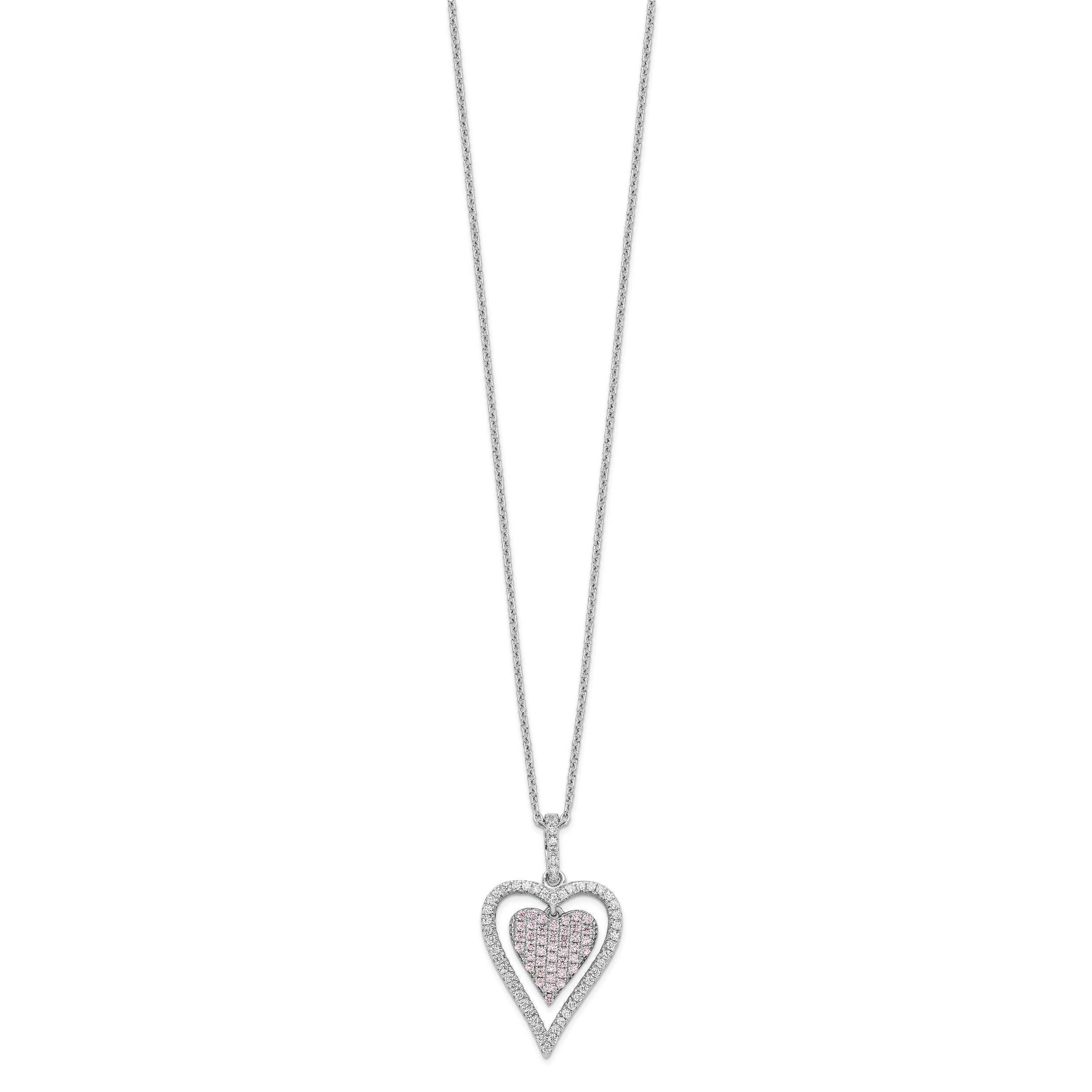 Brilliant Embers Sterling Silver Rhodium-plated 95 Stone 18 inch Micro PavÃƒÂ¢Ã¢Â‚Â¬Ã…Â¡ White and Pink CZ Heart Necklace with 2 Inch Extender