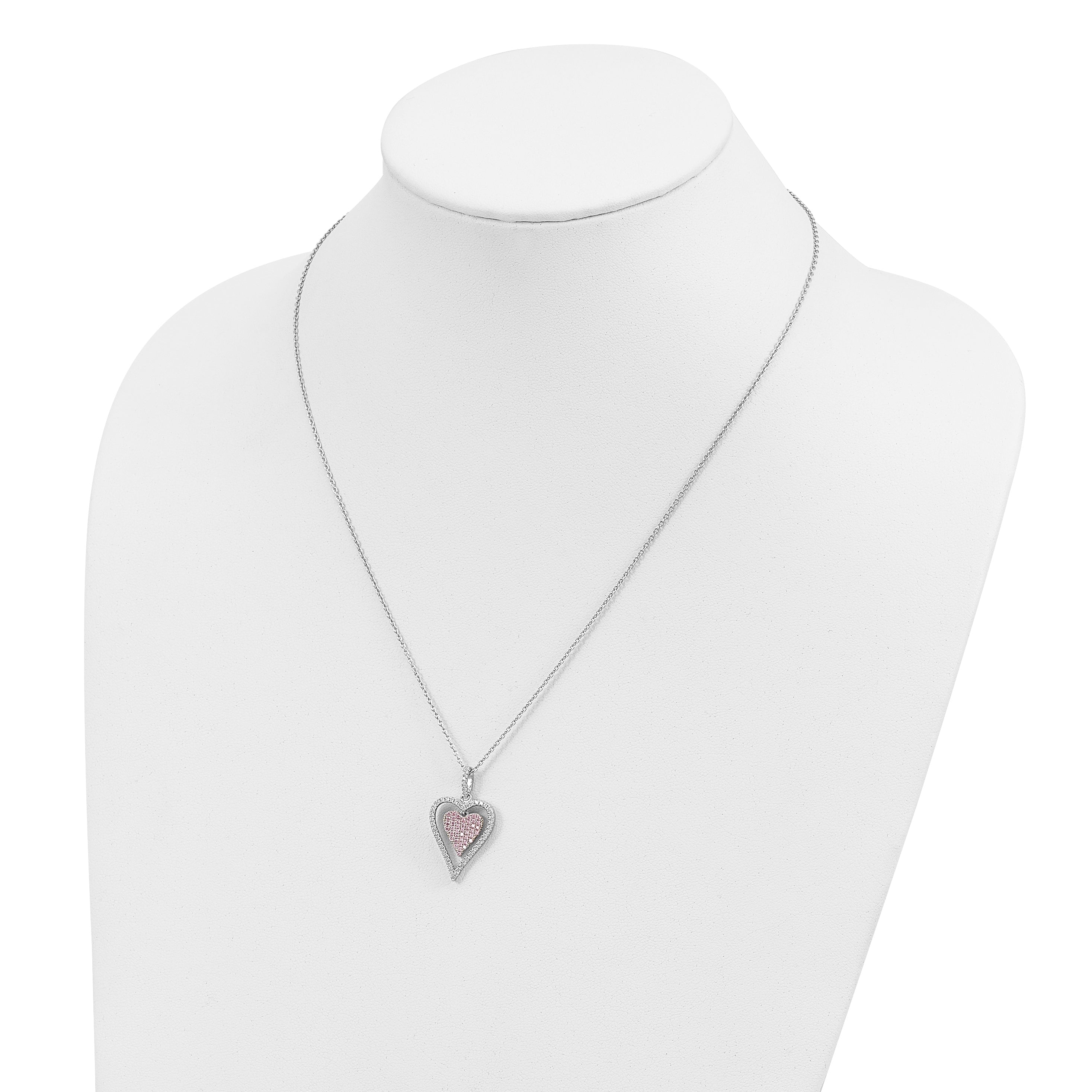 Brilliant Embers Sterling Silver Rhodium-plated 95 Stone 18 inch Micro PavÃƒÂ¢Ã¢Â‚Â¬Ã…Â¡ White and Pink CZ Heart Necklace with 2 Inch Extender