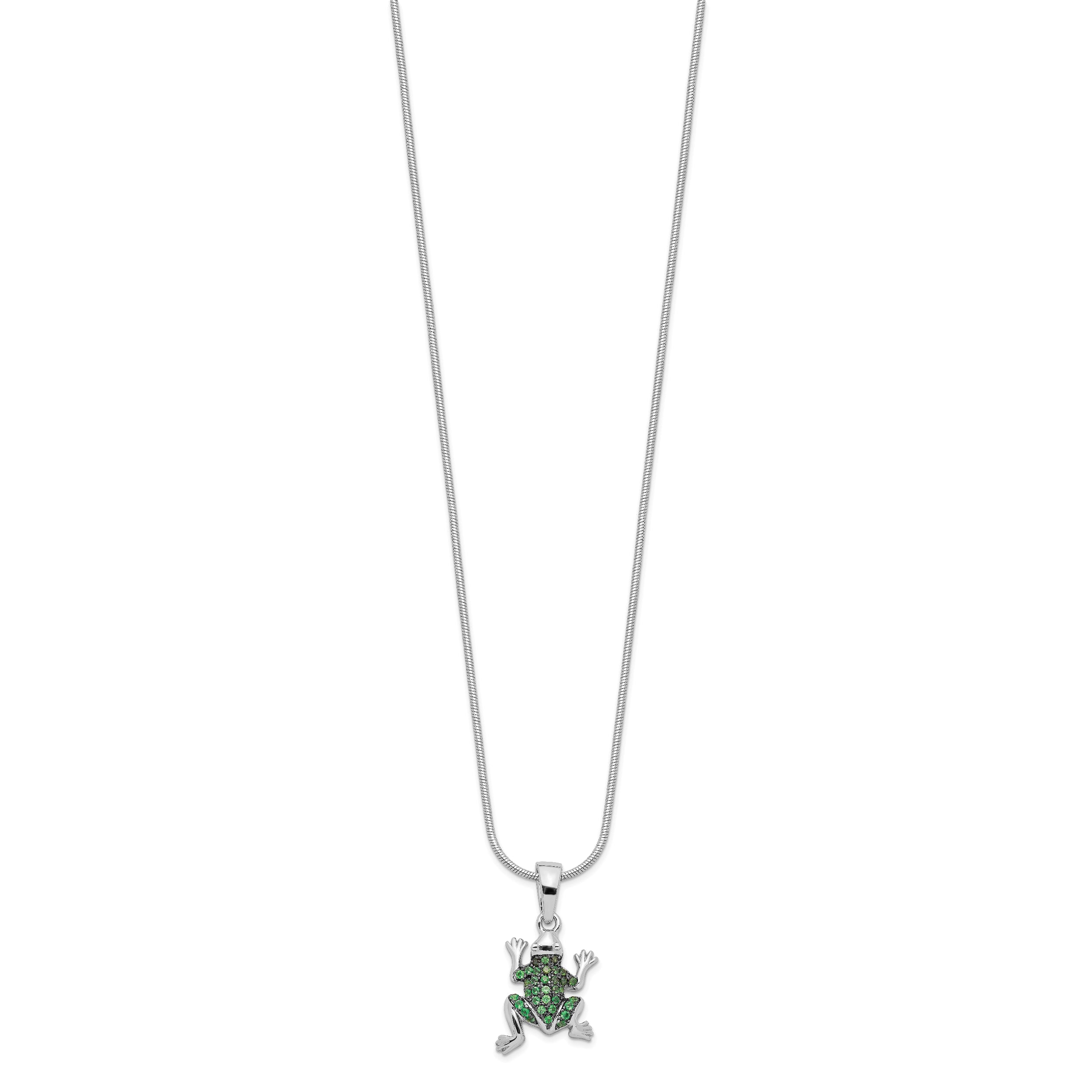 Brilliant Embers Sterling Silver Rhodium-plated 34 Stone 18 inch Micro Pav‚ Green CZ Frog Necklace with 2 Inch Extender