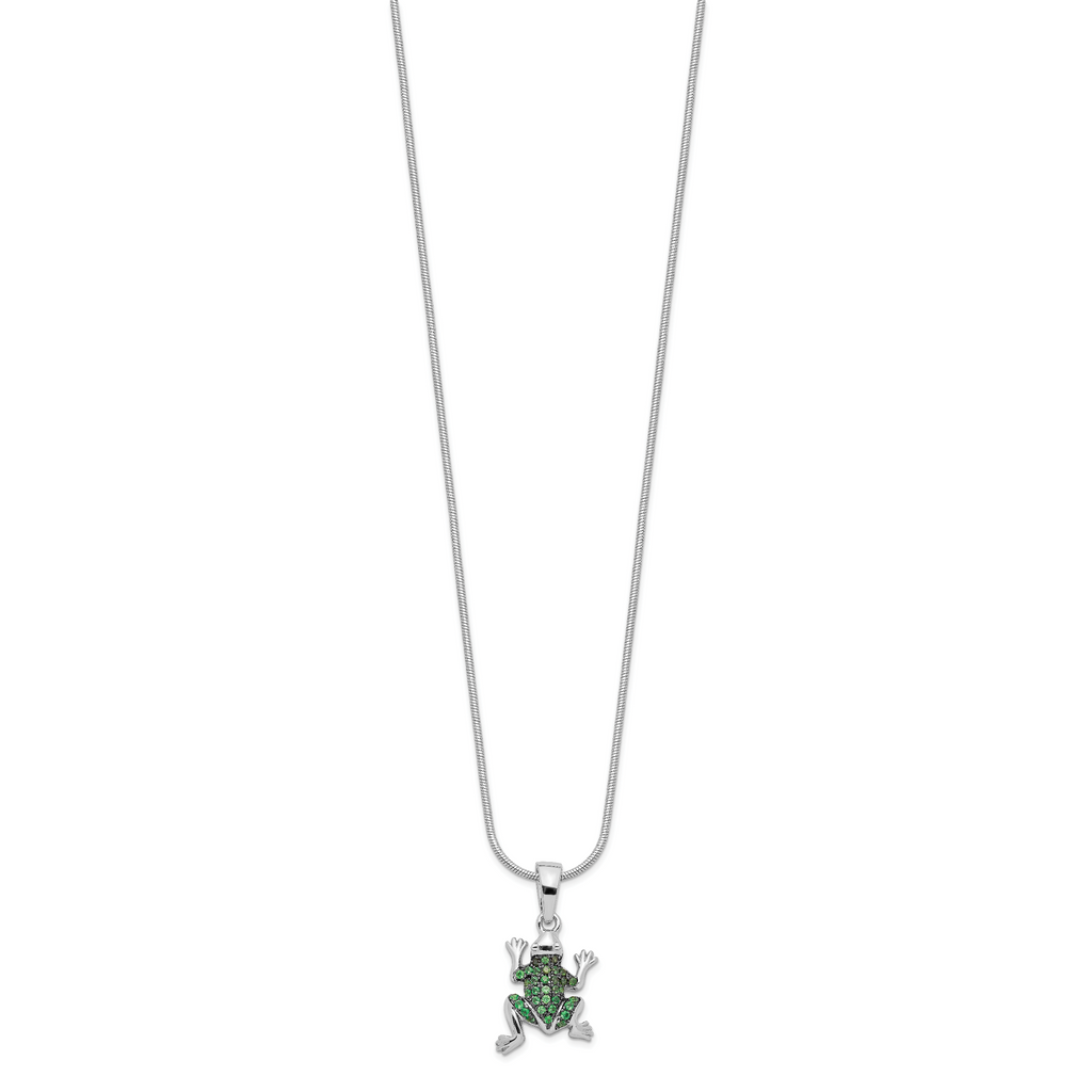 Brilliant Embers Sterling Silver Rhodium-plated 34 Stone 18 inch Micro PavÃƒÆ’Ã†â€™Ãƒâ€šÃ‚Â¢ÃƒÆ’Ã‚Â¢Ãƒâ€šÃ¢â‚¬Å¡Ãƒâ€šÃ‚Â¬ÃƒÆ’Ã¢â‚¬Â¦Ãƒâ€šÃ‚Â¡ Green CZ Frog Necklace with 2 Inch Extender