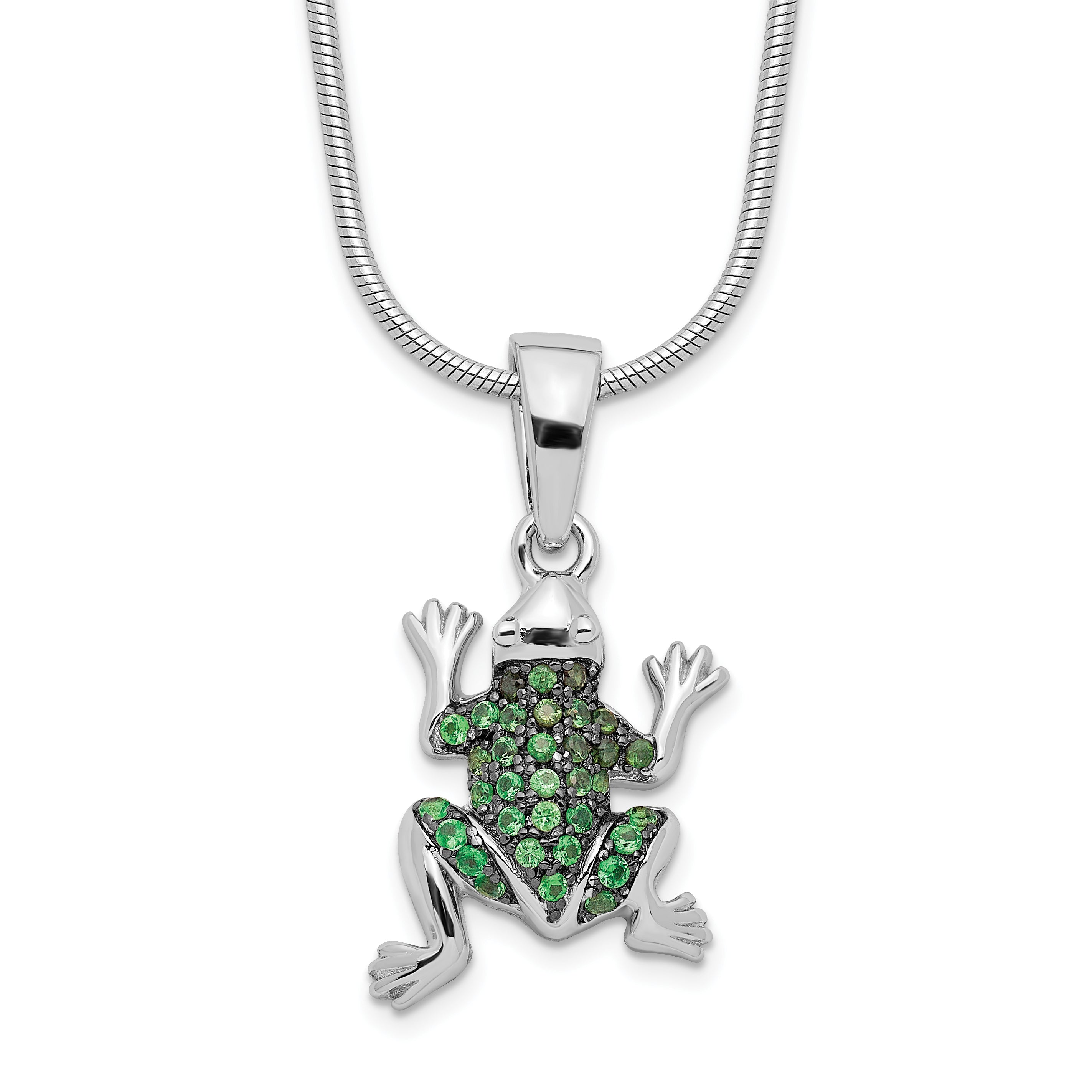 Brilliant Embers Sterling Silver Rhodium-plated 34 Stone 18 inch Micro Pav‚ Green CZ Frog Necklace with 2 Inch Extender