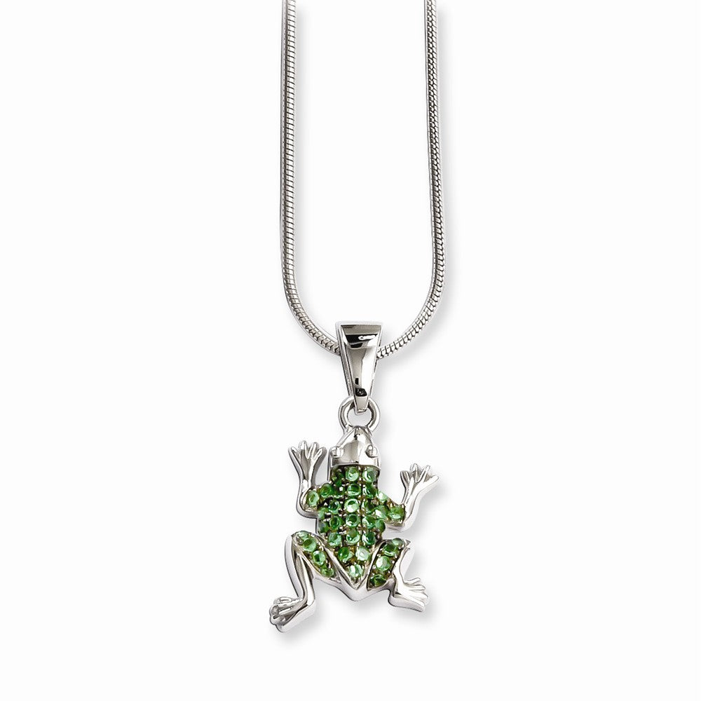 Sterling Silver Frog Necklace with Green CZ Sparkle by Sophia Jewelers