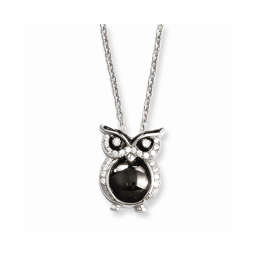 Sterling Silver 925 Owl Necklace with Black & Clear CZ Stones