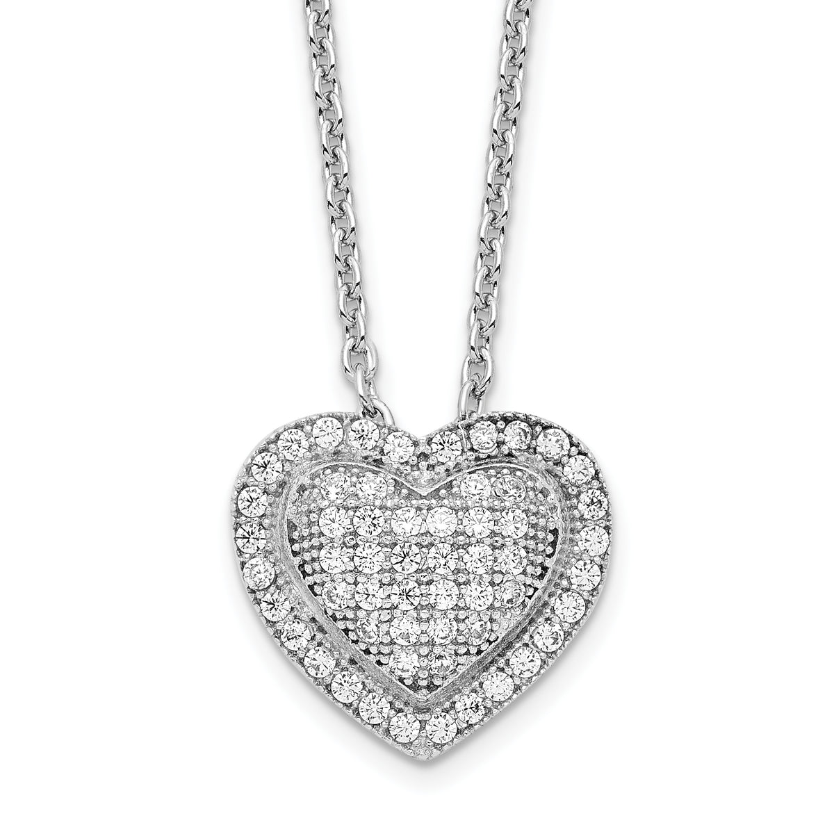 Brilliant Embers Sterling Silver Rhodium-plated 56 Stone 18 inch Micro Pav‚ CZ Heart Necklace with 2 Inch Extender