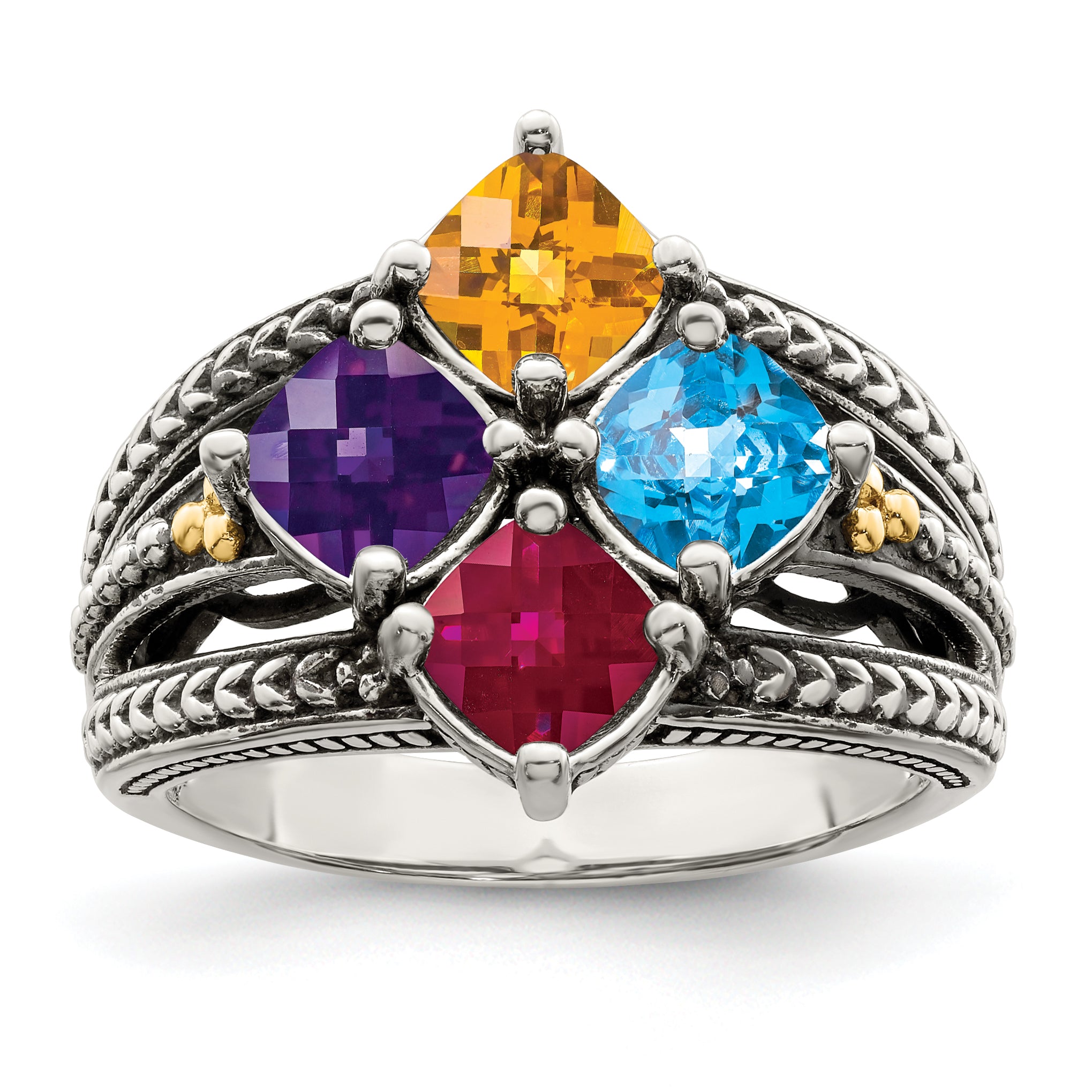 Sterling Silver Antiqued With14k 4-stone Mother's Ring Secondary image