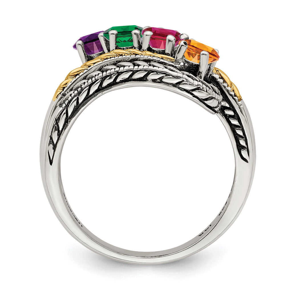 Sterling Silver Antiqued With14k 4-stone Mother's Ring