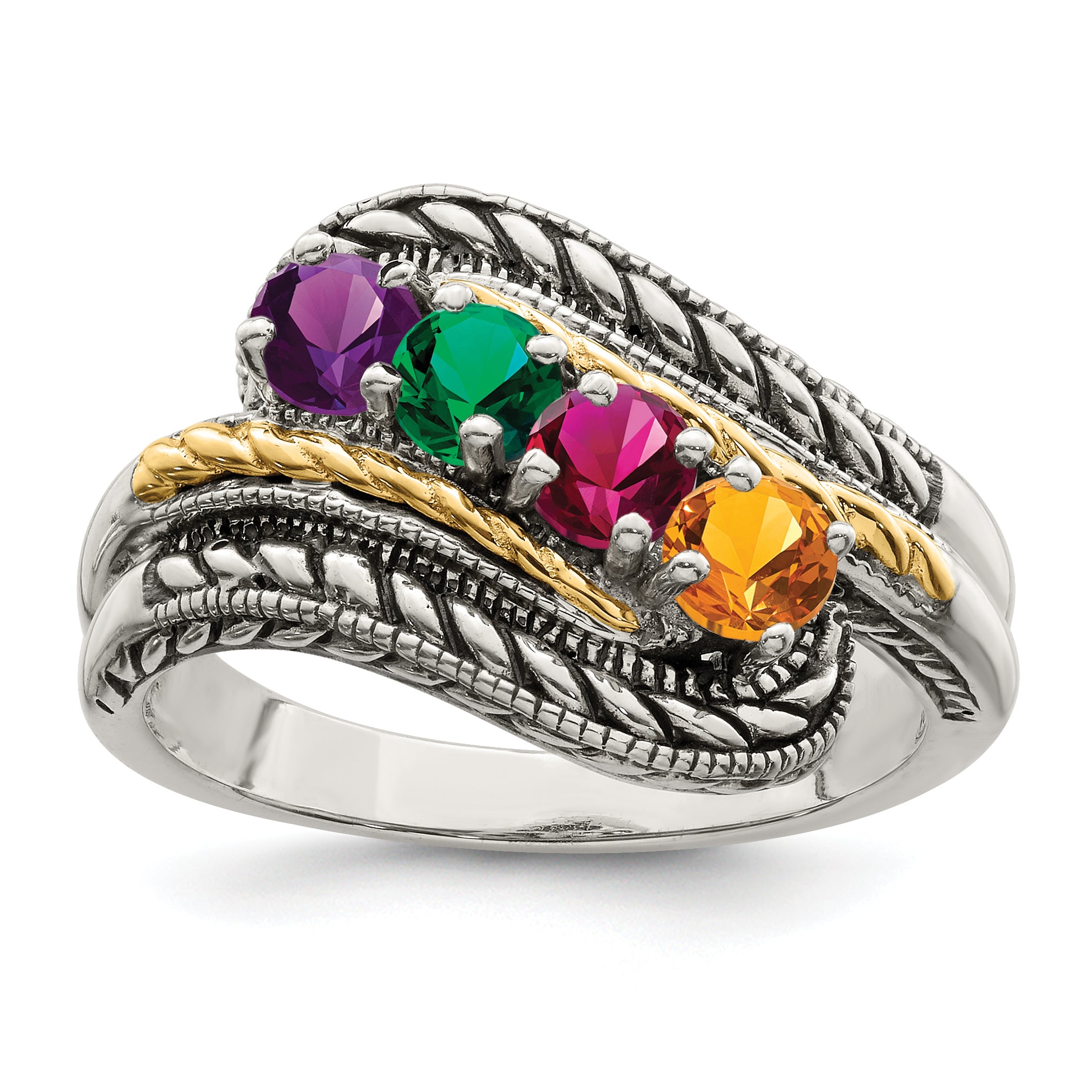 Sterling Silver Antiqued With14k 4-stone Mother's Ring Secondary image