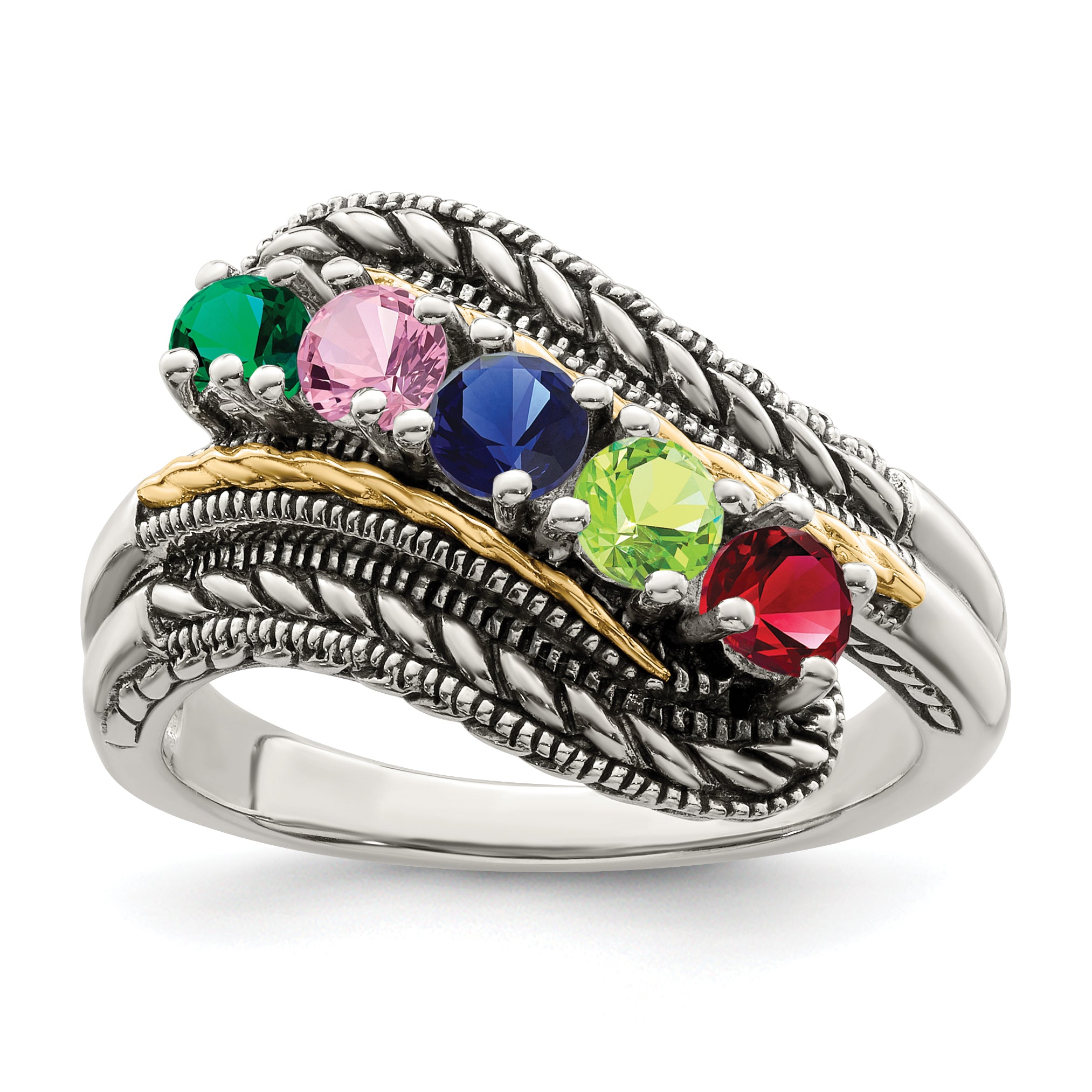 Sterling Silver Antiqued With14k 5-stone Mother's Ring Secondary image