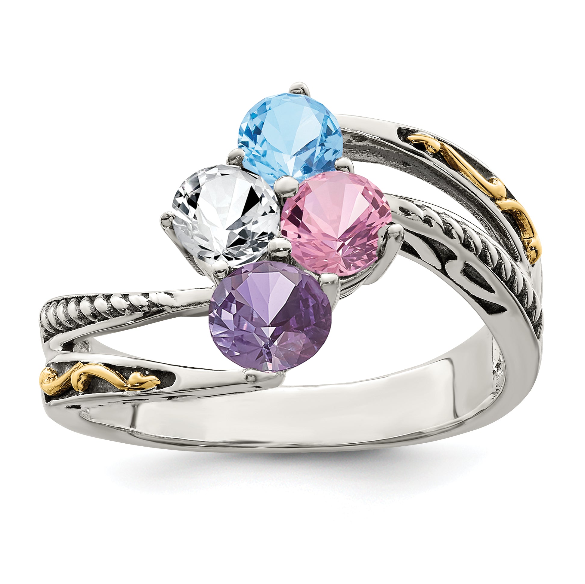 Sterling Silver Antiqued With14k 4-stone Mother's Ring Secondary image