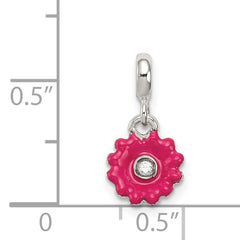 Sterling Silver Hot Pink Enamel Flower With  CZ Enhancer