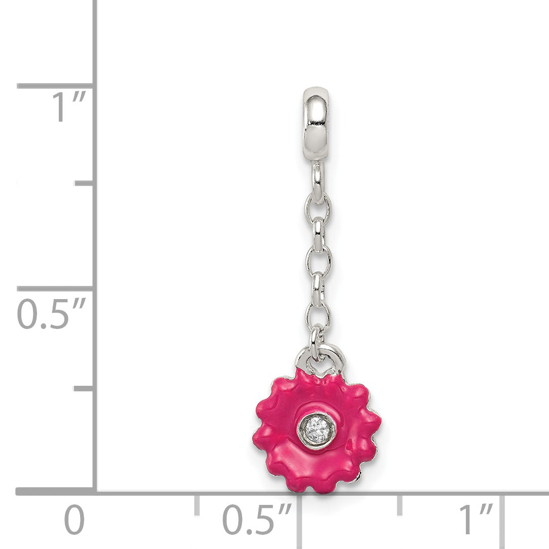Sterling Silver Pink Enamel Flower With  CZ 1/2in Dangle Enhancer