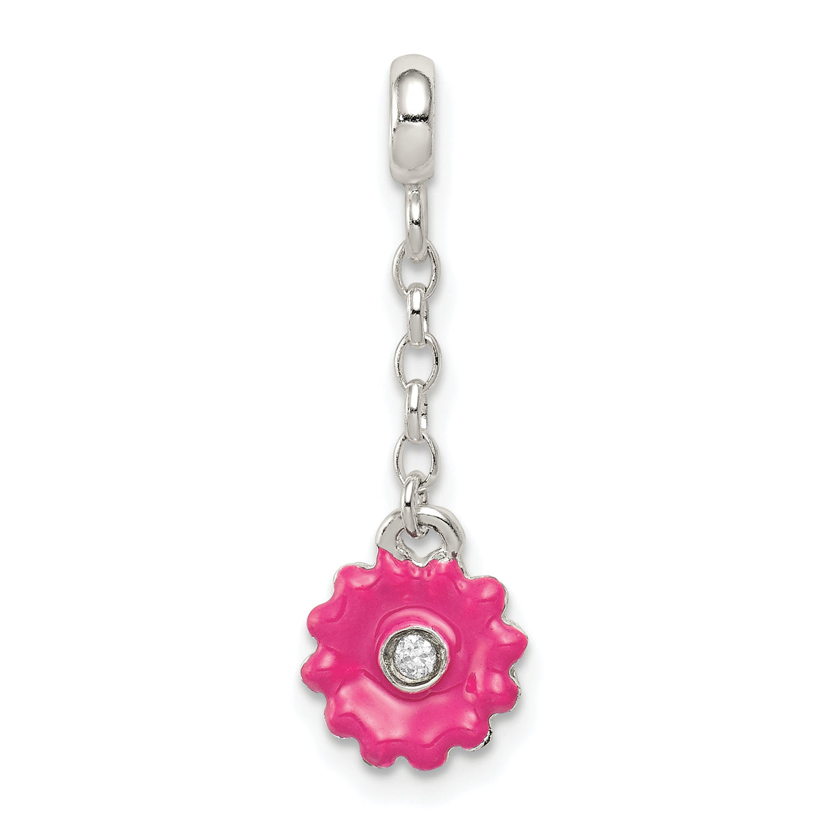 Sterling Silver Pink Enamel Flower w/ CZ 1/2in Dangle Enhancer