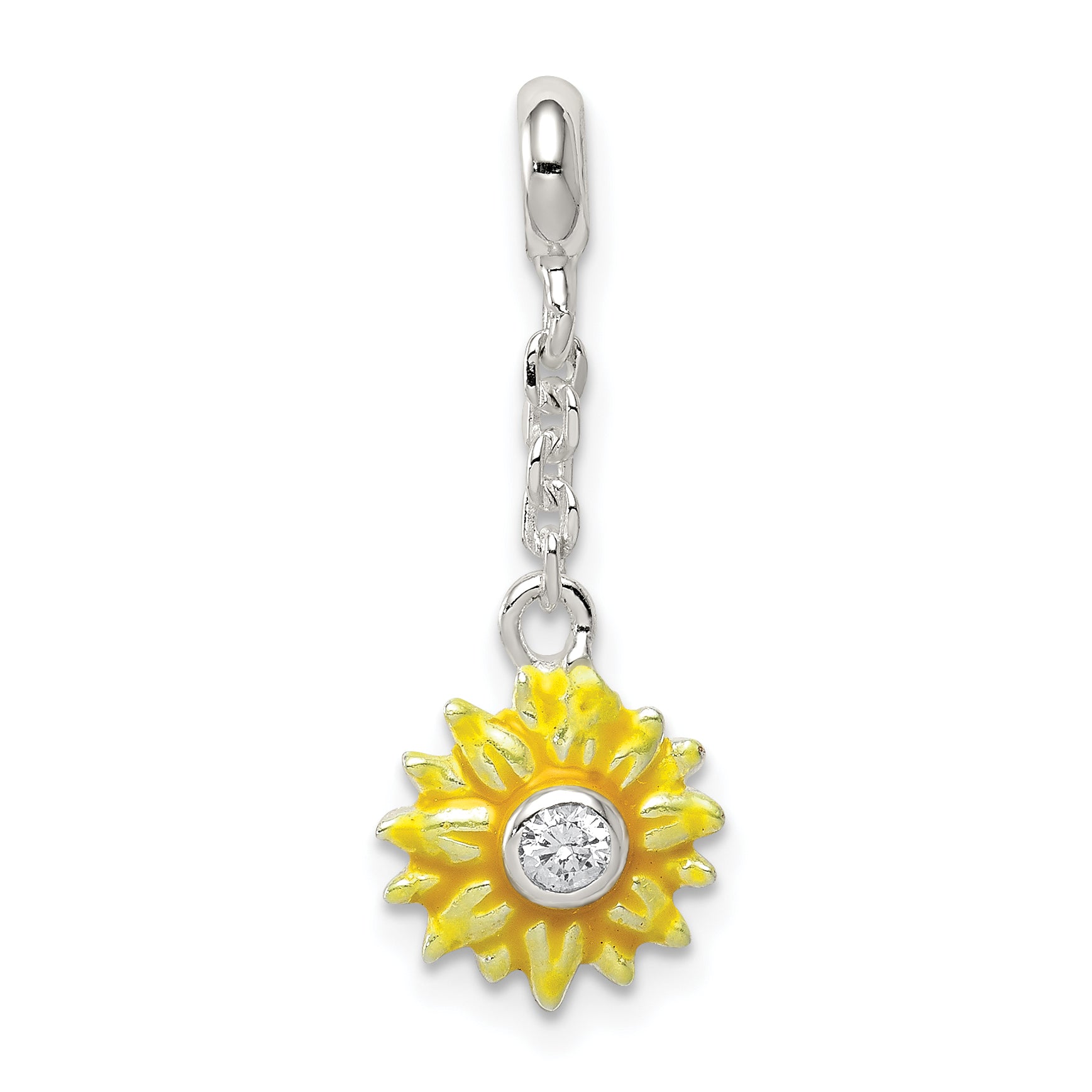 Sterling Silver Yellow Enameled Flower w/CZ 1/2in Dangle Enhancer Main image