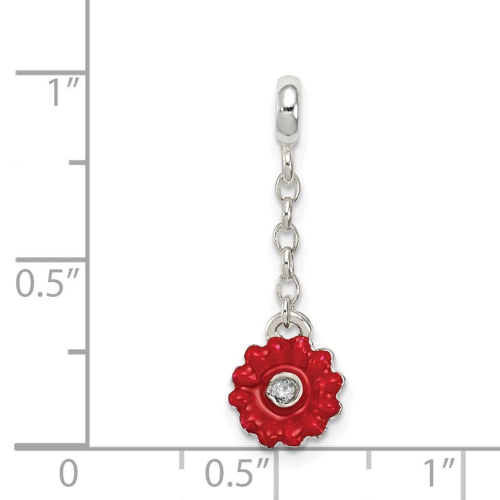 Sterling Silver Red Enameled Flower With CZ 1/2in Dangle Enhancer