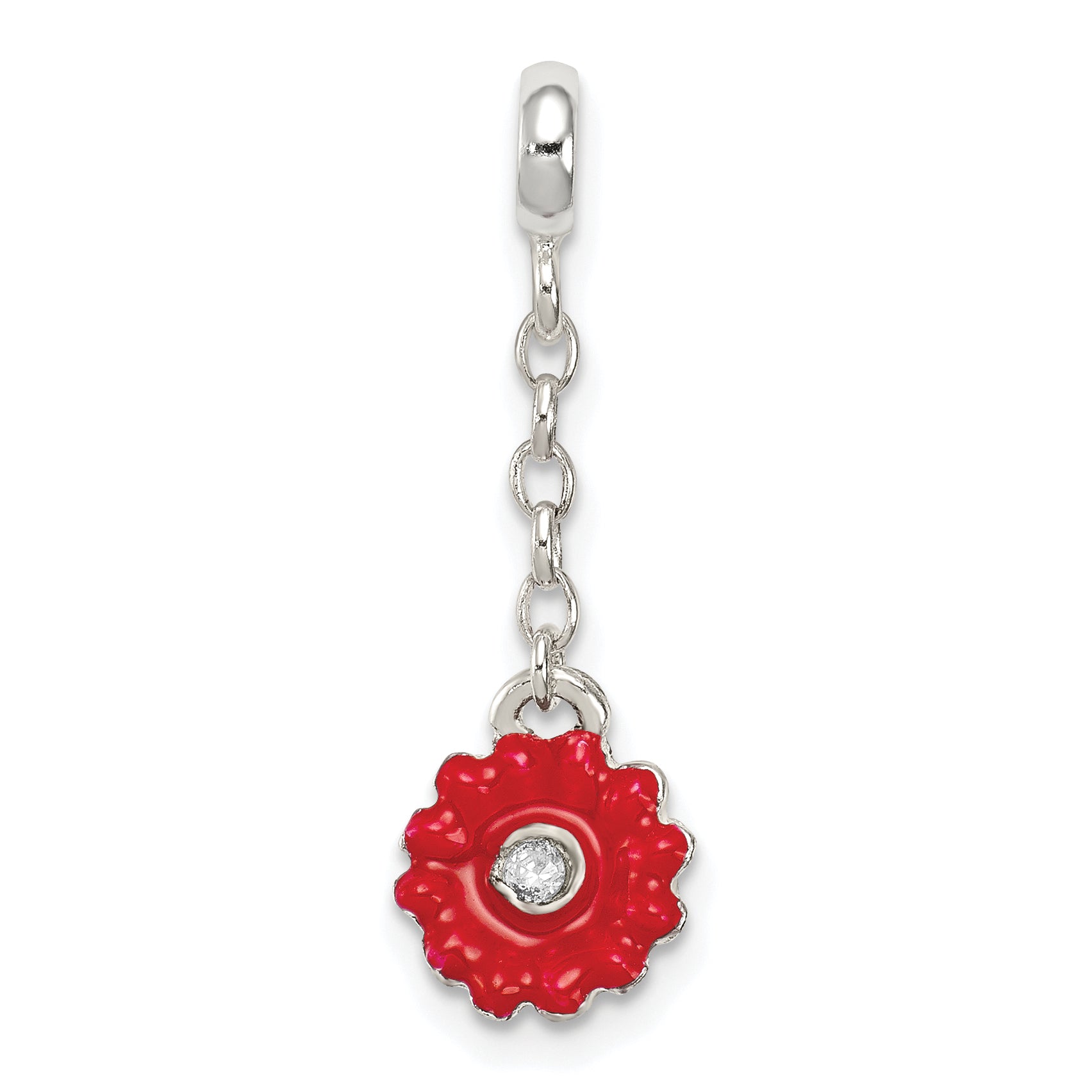 Sterling Silver Red Enameled Flower w/CZ 1/2in Dangle Enhancer Main image