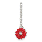 Sterling Silver Red Enameled Flower w/CZ 1/2in Dangle Enhancer