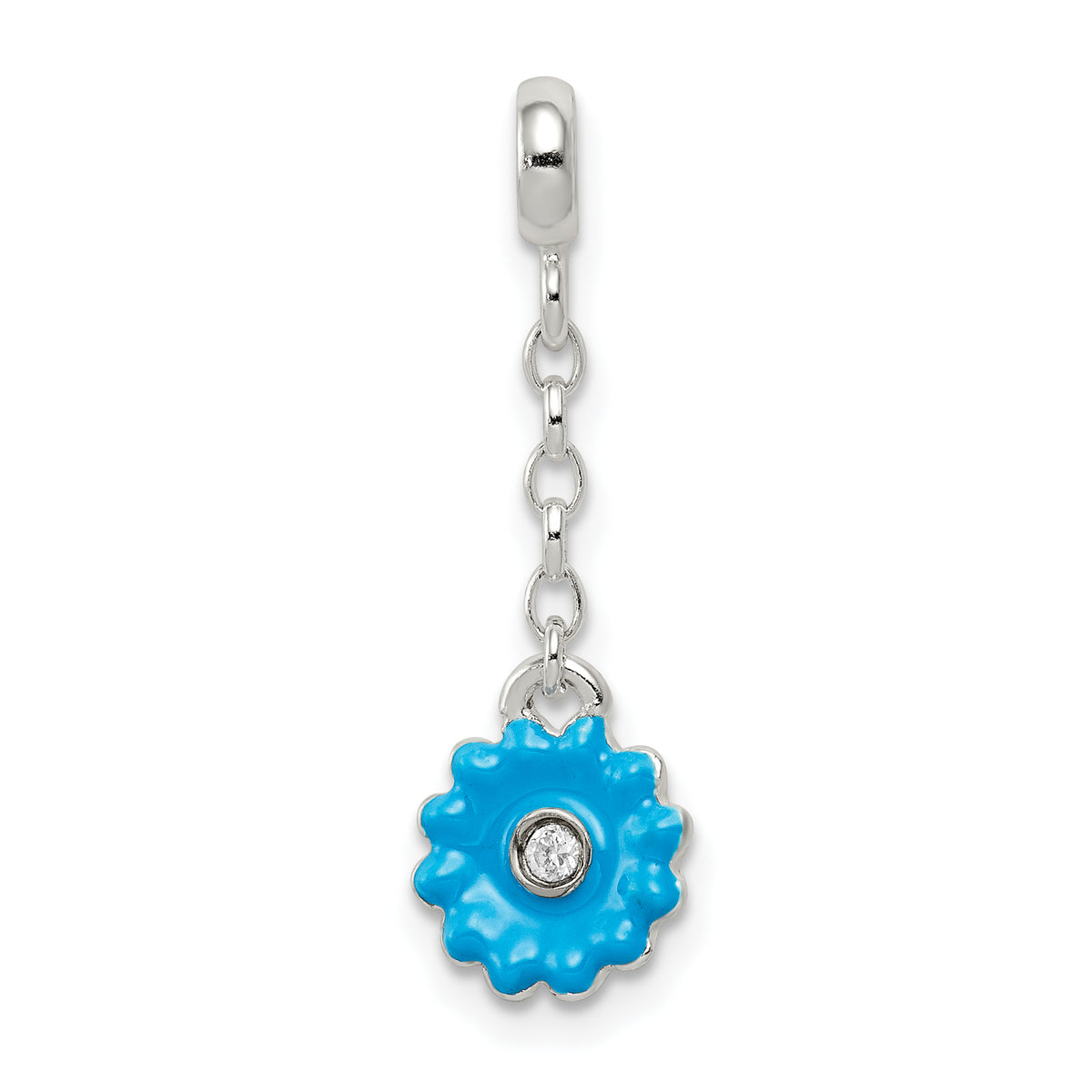 Sterling Silver Blue Enamel Flower w/ CZ 1/2in Dangle Enhancer