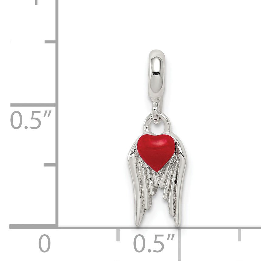 Sterling Silver Red Enameled Heart With  Wings Enhancer