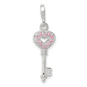Key Charm in Sterling Silver with Pink Cubic Zirconia Heart, 25mm - Sophia Jewelers