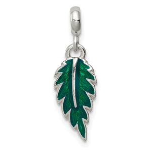 Green Enameled Leaf Enhancer Pendant in Sterling Silver, 24mm - Sophia Jewelers