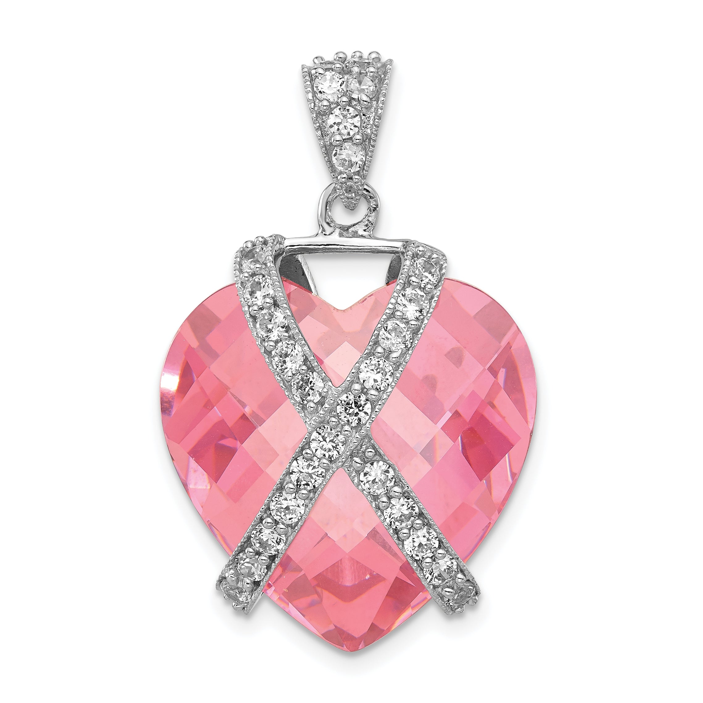 Sterling Silver Polished Pink & Clear CZ Heart Pendant Main image
