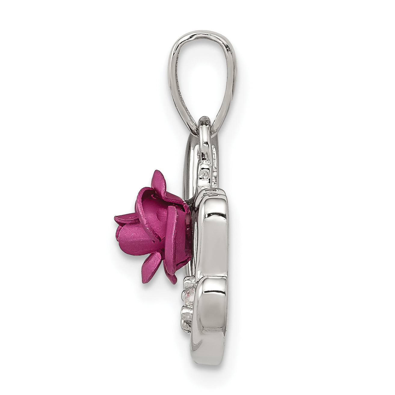 Sterling Silver RH-pltd Dyed Pink Aluminum Rose/Clear CZ Mom Pendant Secondary image