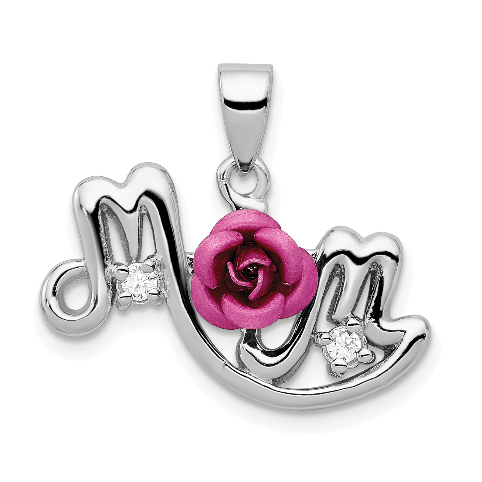 Sterling Silver RH-pltd Dyed Pink Aluminum Rose/Clear CZ Mom Pendant Main image