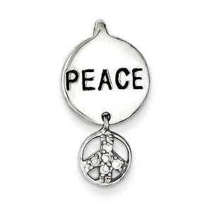 Peace Sign Cubic Zirconia Pendant in Sterling Silver, 21mm Antiqued & Polished - Sophia Jewelers