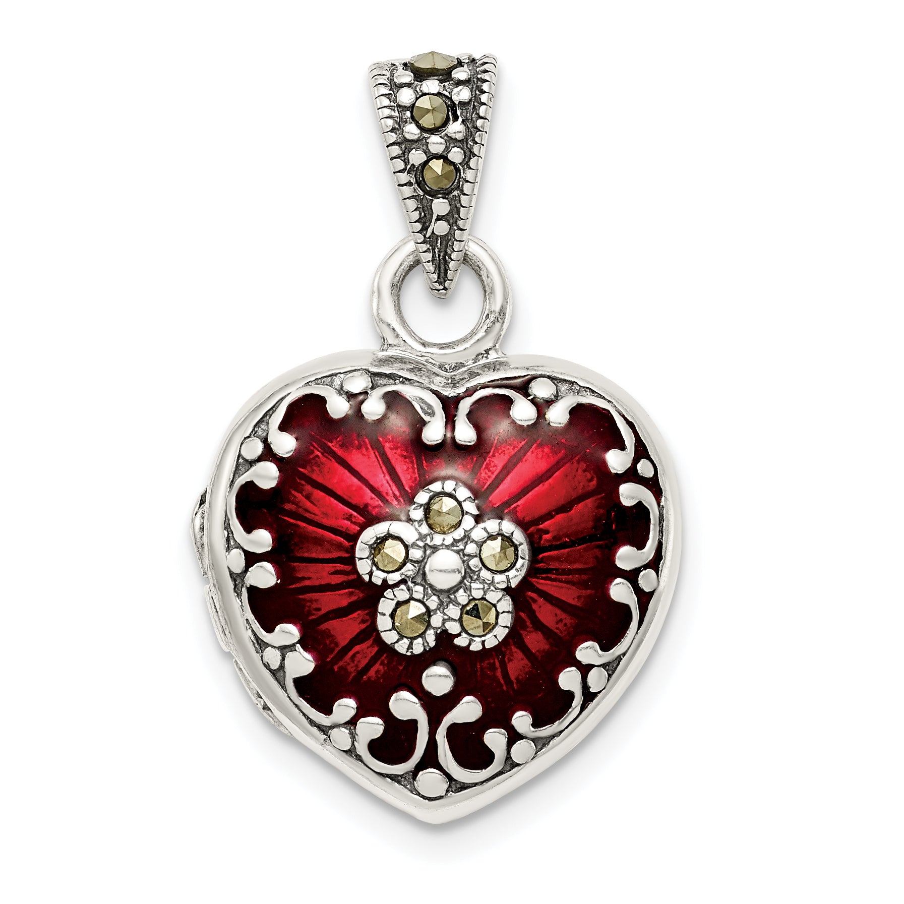 Sterling Silver Red Enamel & Marcasite Heart Locket