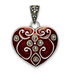 Sterling Silver Red Enamel & Marcasite Heart Pendant