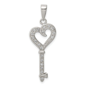 Cubic Zirconia Heart Key Pendant in Sterling Silver, 39mm - Sophia Jewelers