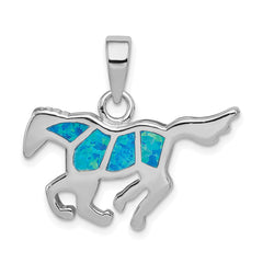 Sterling Silver Created Blue Opal Inlay Horse Pendant