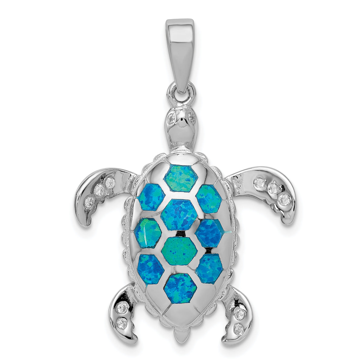 Sterling Silver Created Blue Opal Inlay & CZ Tortoise Pendant