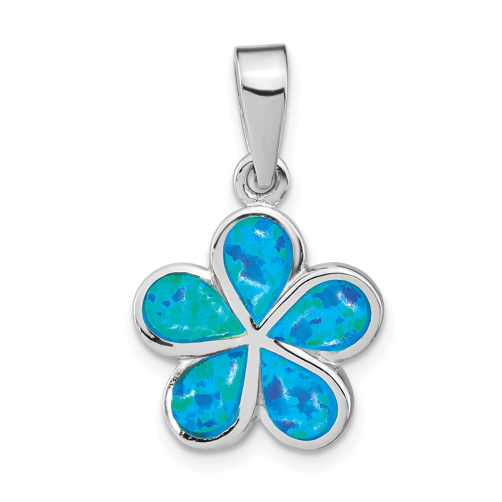 Sterling Silver Created Blue Inlay Opal Flower Pendant Main image