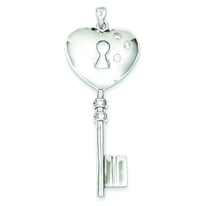 Heart Key Pendant in Sterling Silver with Cubic Zirconia Accents, 57mm - Sophia Jewelers