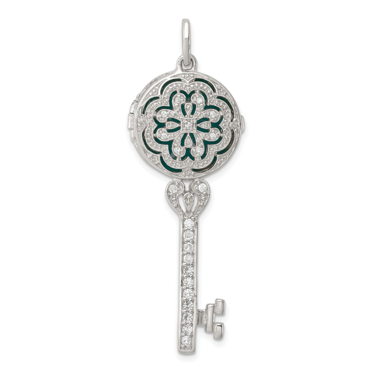 Filigree Key Locket Pendant in Sterling Silver with Cubic Zirconia Accents, 48mm - Sophia Jewelers Main image
