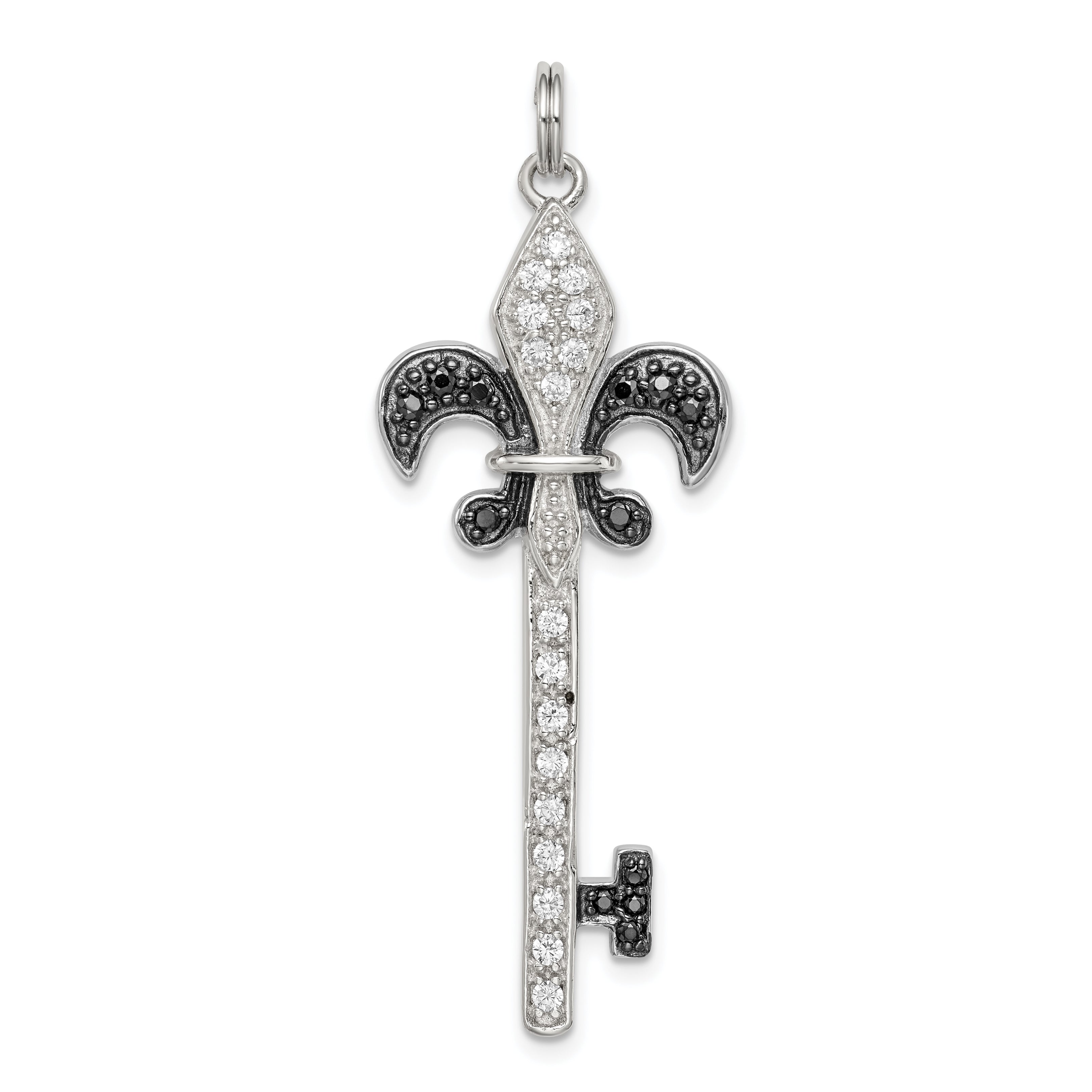 Sterling Silver Black & White CZ Fleur de Lis Key Pendant Main image